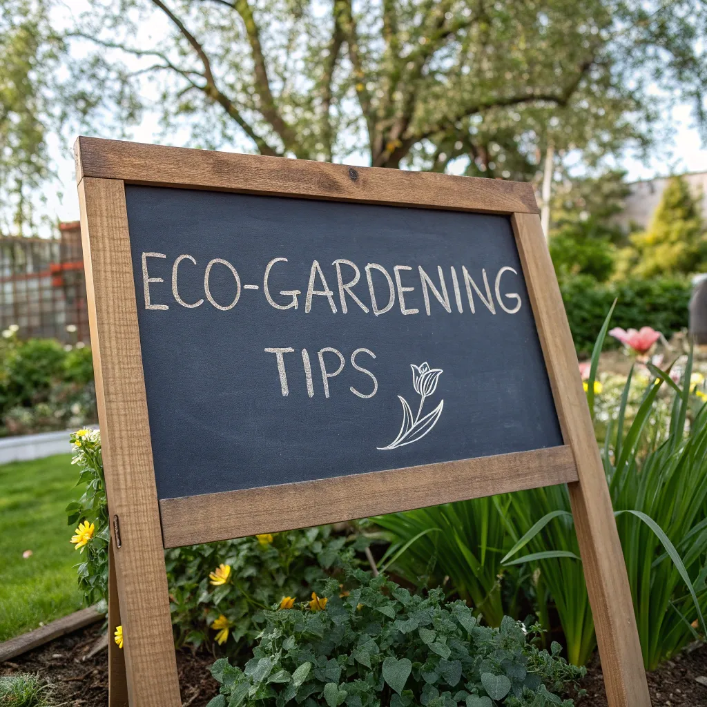 Eco-gardening tips on a chalkboard